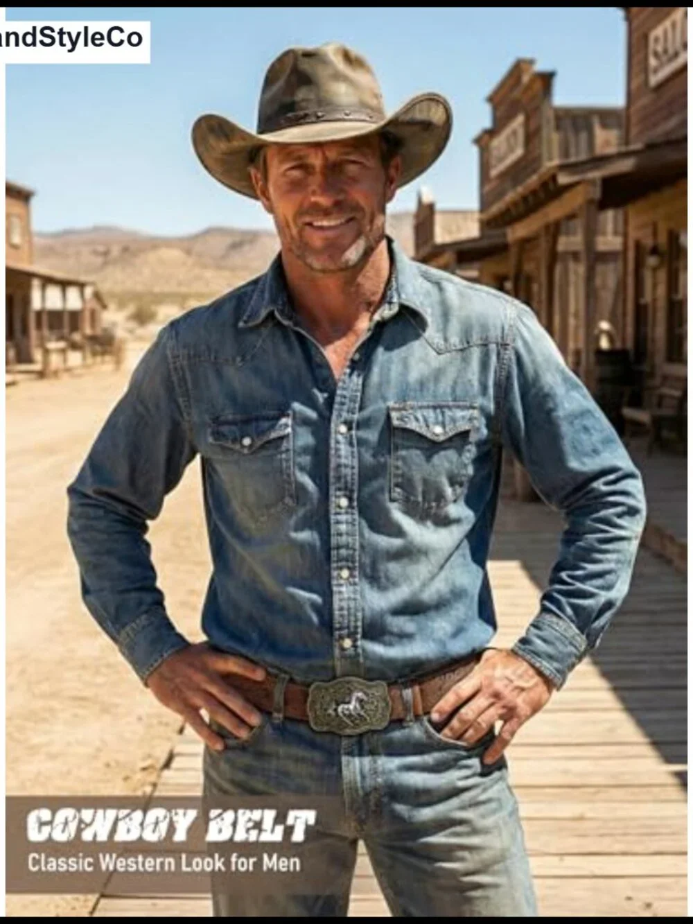 Cowboy Belt Set with Removable Mustang & Turquoise Buckles PU Leather